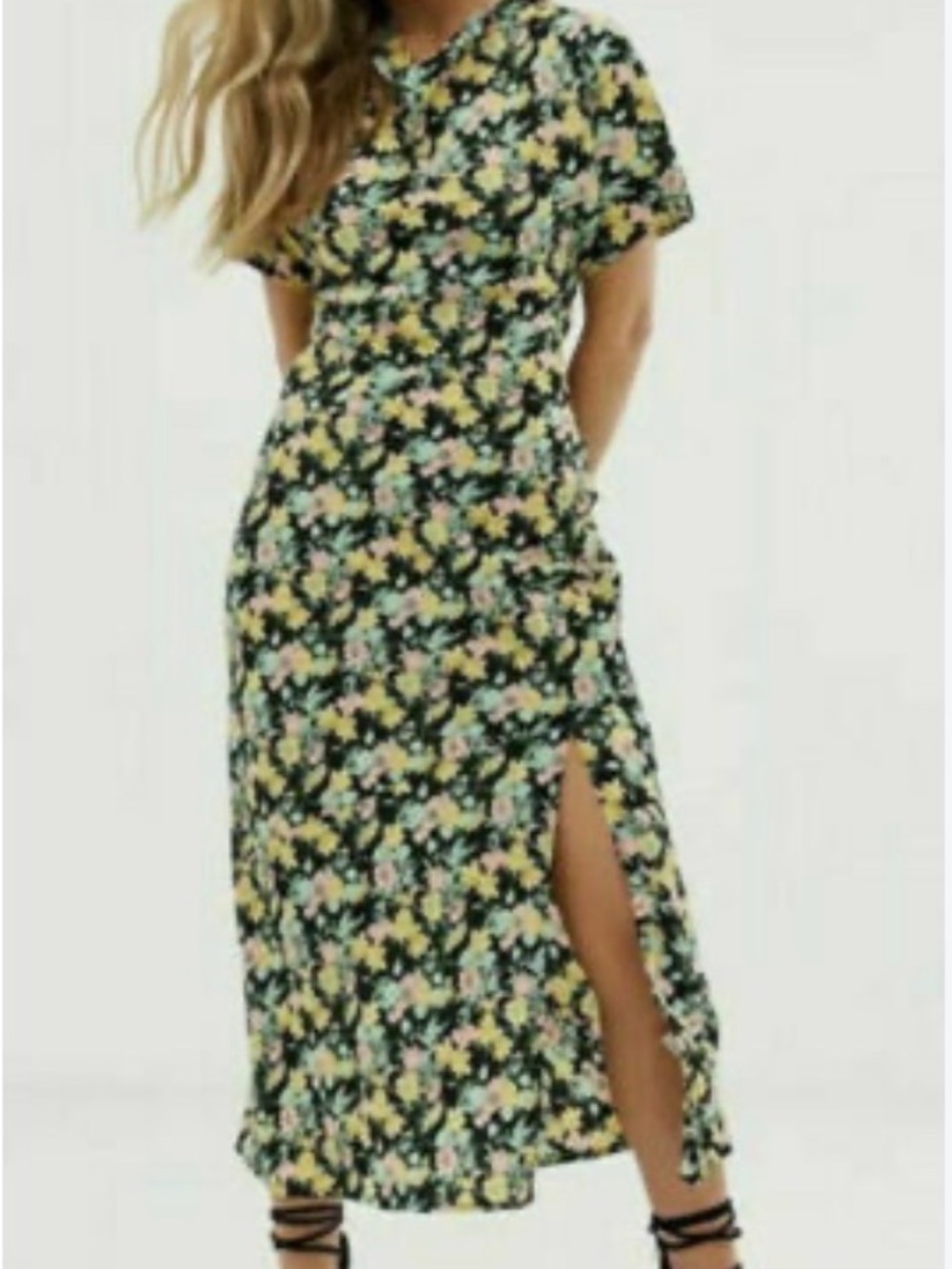 Warehouse cowl neck Short-Sleeve Midi Dress with Side Slit - Black Floral